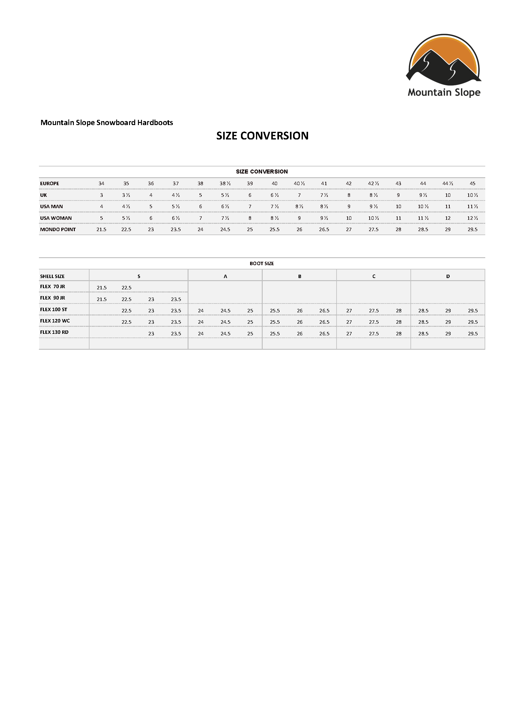 Sice Chart Mountain-Slope Snowboard Hardboots